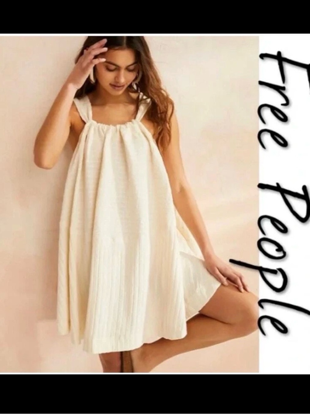Free People FP Beach Cream Textured Tie Back Swing Mini Dress M